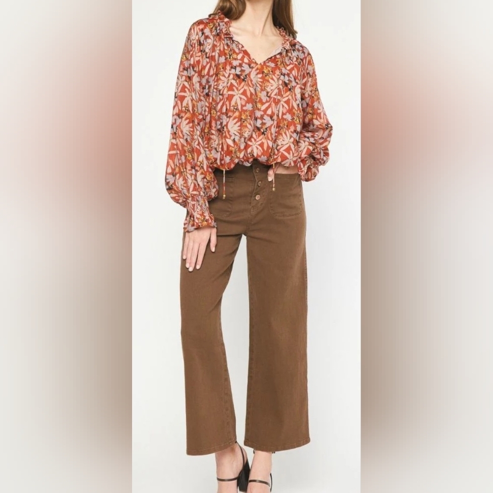 Entro Women's Floral Ruffle Balloon Sleeve Blouse Size L Color Rust Bohemian EUC - Picture 3 of 17